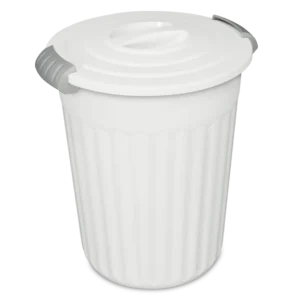 Sterilite 1136 24 quart white plastic utility can storage container showing titanium side locking latches