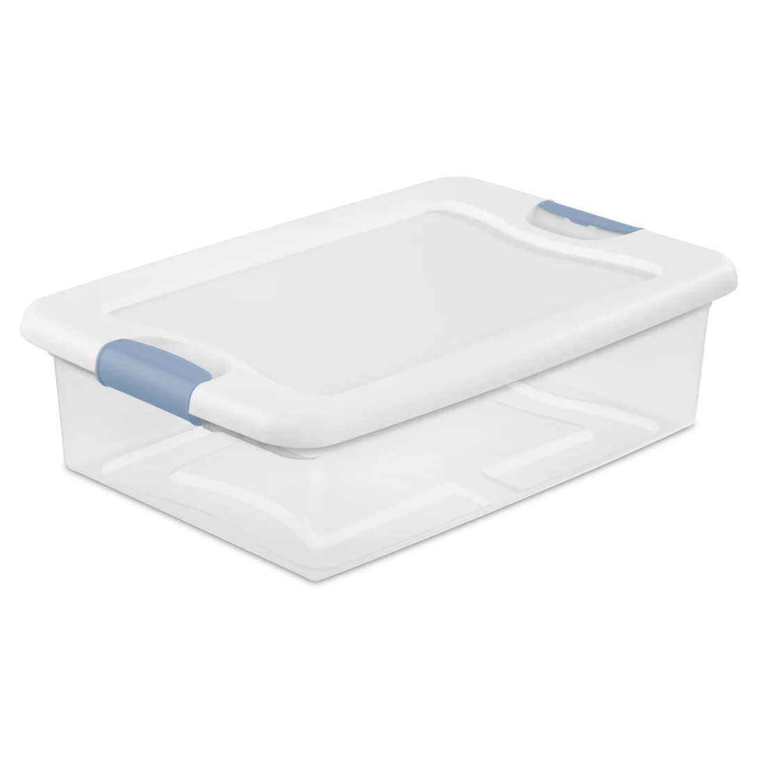 Sterilite 1496 32 quart latching storage box featuring a clear base, crisp white lid, and washed blue locking side latches