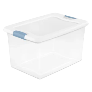 Sterilite 1497 64 quart latching storage box featuring a clear base, crisp white lid, and washed blue locking side latches
