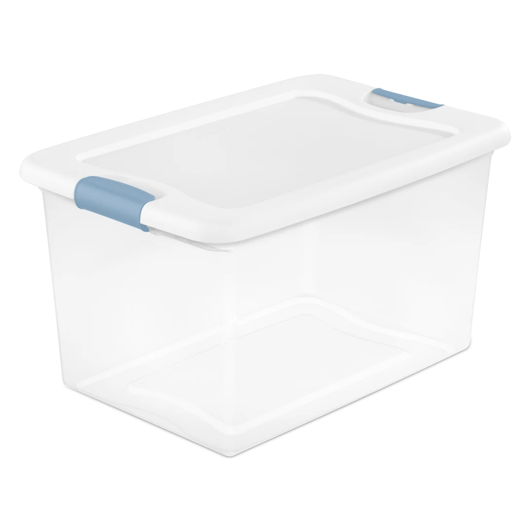 Sterilite 1497 64 quart latching storage box featuring a clear base, crisp white lid, and washed blue locking side latches