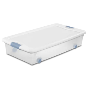 Sterilite 1498 56 quart wheeled latching storage box featuring a clear base, crisp white lid, and washed blue locking side latches and wheels