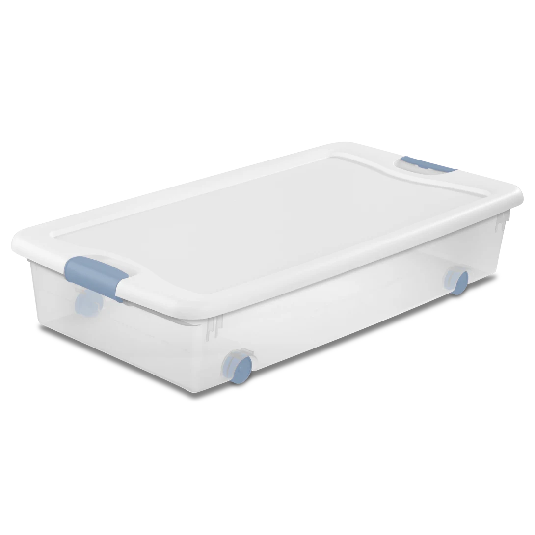 Sterilite 1498 56 quart wheeled latching storage box featuring a clear base, crisp white lid, and washed blue locking side latches and wheels
