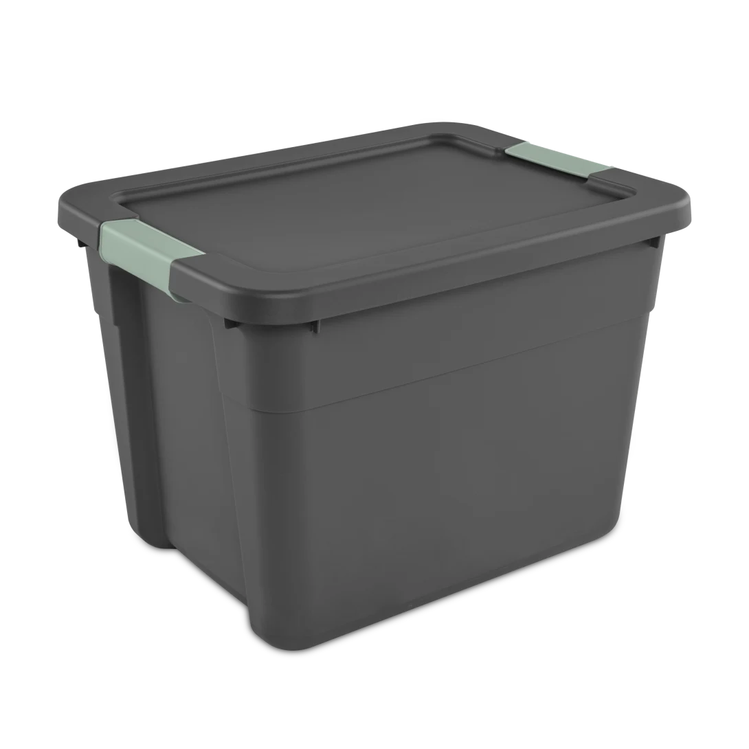 Sterilite 1516 12 gallon latch storage tote in flat gray heavy duty plastic with green river locking side latches