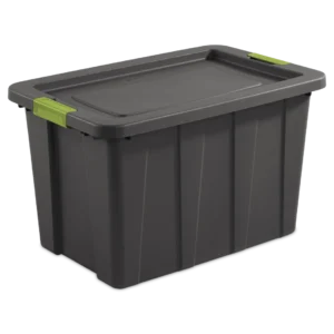 Sterilite 1527 30 gallon latching Tuff1 storage tote in flat gray heavy duty plastic with soft fern locking side latches