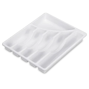 Sterilite 1575 6 compartment white plastic cutlery tray drawer organizer showing slots for flatware and large utensils