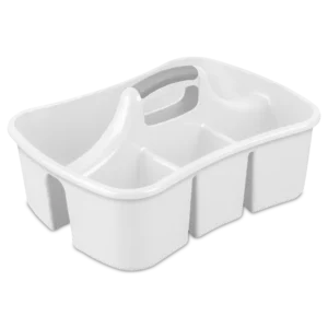Sterilite 1588 Divided Ultra Caddy in white plastic featuring a titanium divider insert and comfortable central carrying handle