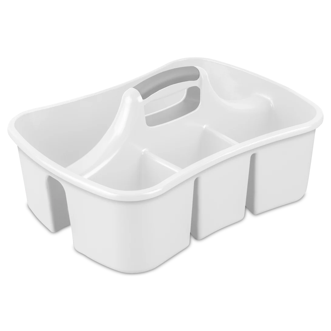 Sterilite 1588 Divided Ultra Caddy in white plastic featuring a titanium divider insert and comfortable central carrying handle