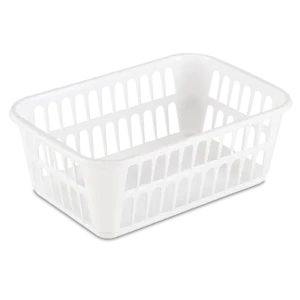 Sterilite 1608 small white plastic storage basket featuring side handle cutouts and ventilated hole pattern