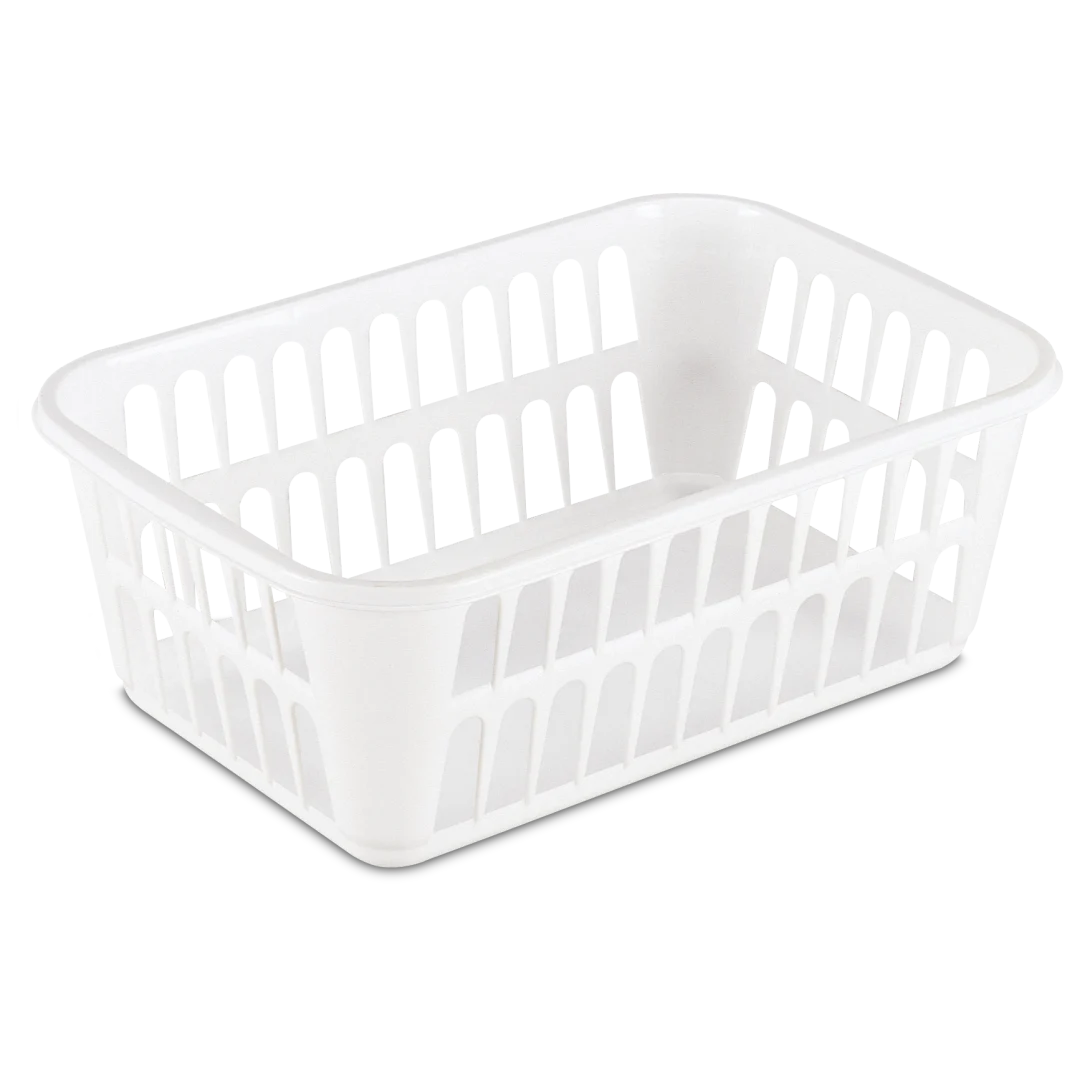Sterilite 1608 small white plastic storage basket featuring side handle cutouts and ventilated hole pattern