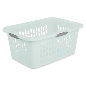 Sterilite 1202 2 bushel mindful mint plastic ultra laundry basket showing titanium handle inserts and airflow ventilation pattern