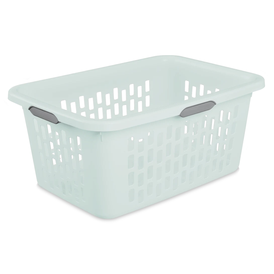 Sterilite 1202 2 bushel mindful mint plastic ultra laundry basket showing titanium handle inserts and airflow ventilation pattern