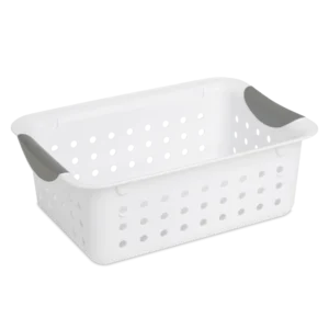 Sterilite 1622 small white ultra plastic storage basket featuring titanium contoured handle inserts and ventilated side walls
