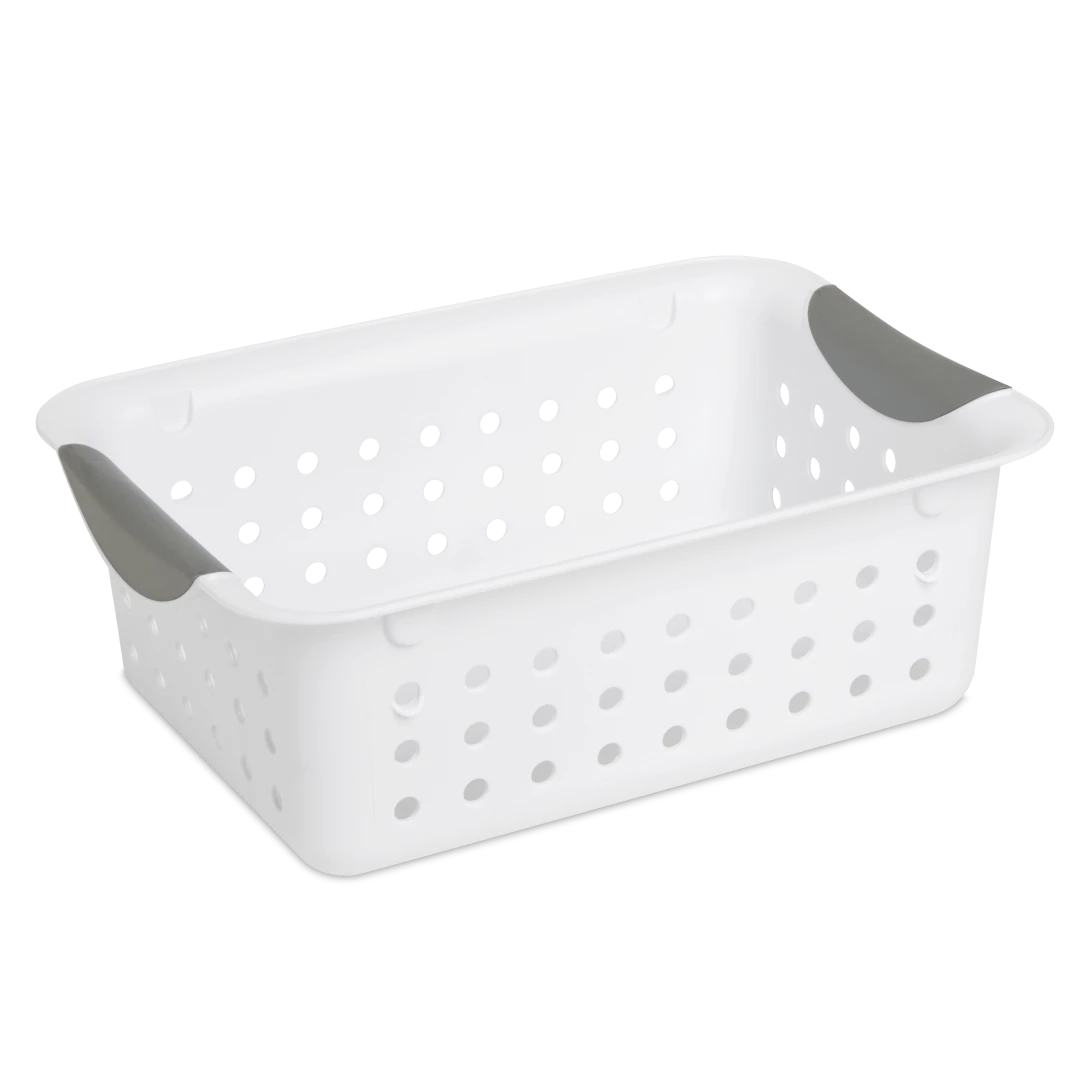 Sterilite 1622 small white ultra plastic storage basket featuring titanium contoured handle inserts and ventilated side walls