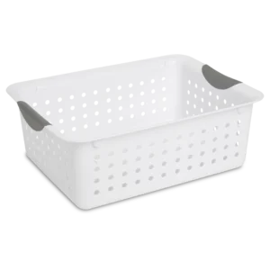 Sterilite 1624 medium white ultra plastic storage basket featuring titanium contoured handle inserts and ventilated side walls