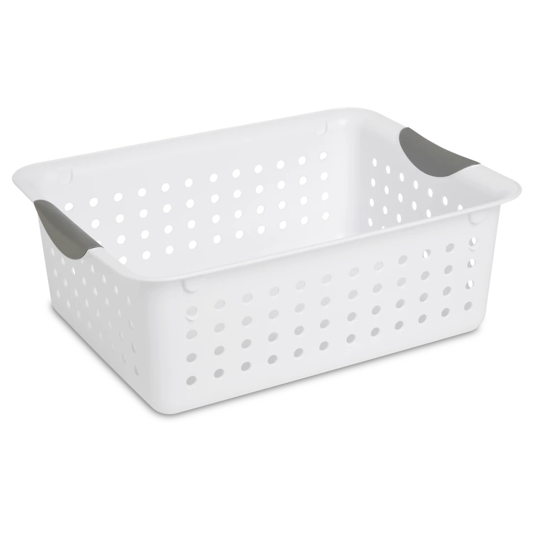 Sterilite 1624 medium white ultra plastic storage basket featuring titanium contoured handle inserts and ventilated side walls