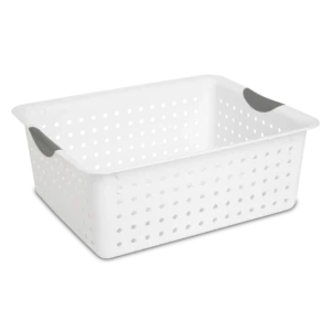 Sterilite 1626 large white ultra plastic storage basket featuring titanium contoured handle inserts and ventilated side walls
