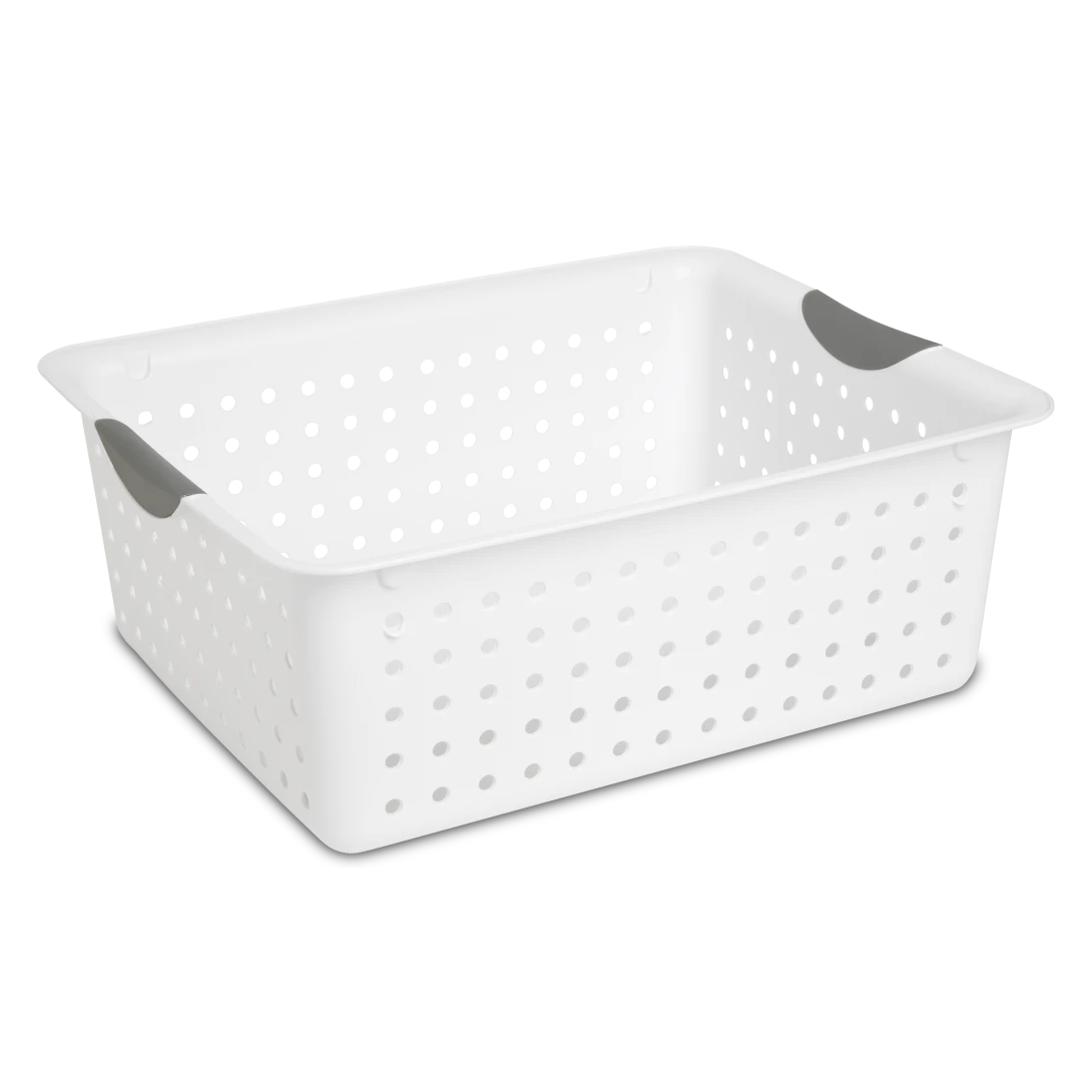 Sterilite 1626 large white ultra plastic storage basket featuring titanium contoured handle inserts and ventilated side walls