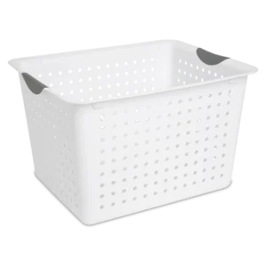Sterilite 1628 deep white ultra plastic storage basket featuring titanium contoured handle inserts and deep ventilated side walls