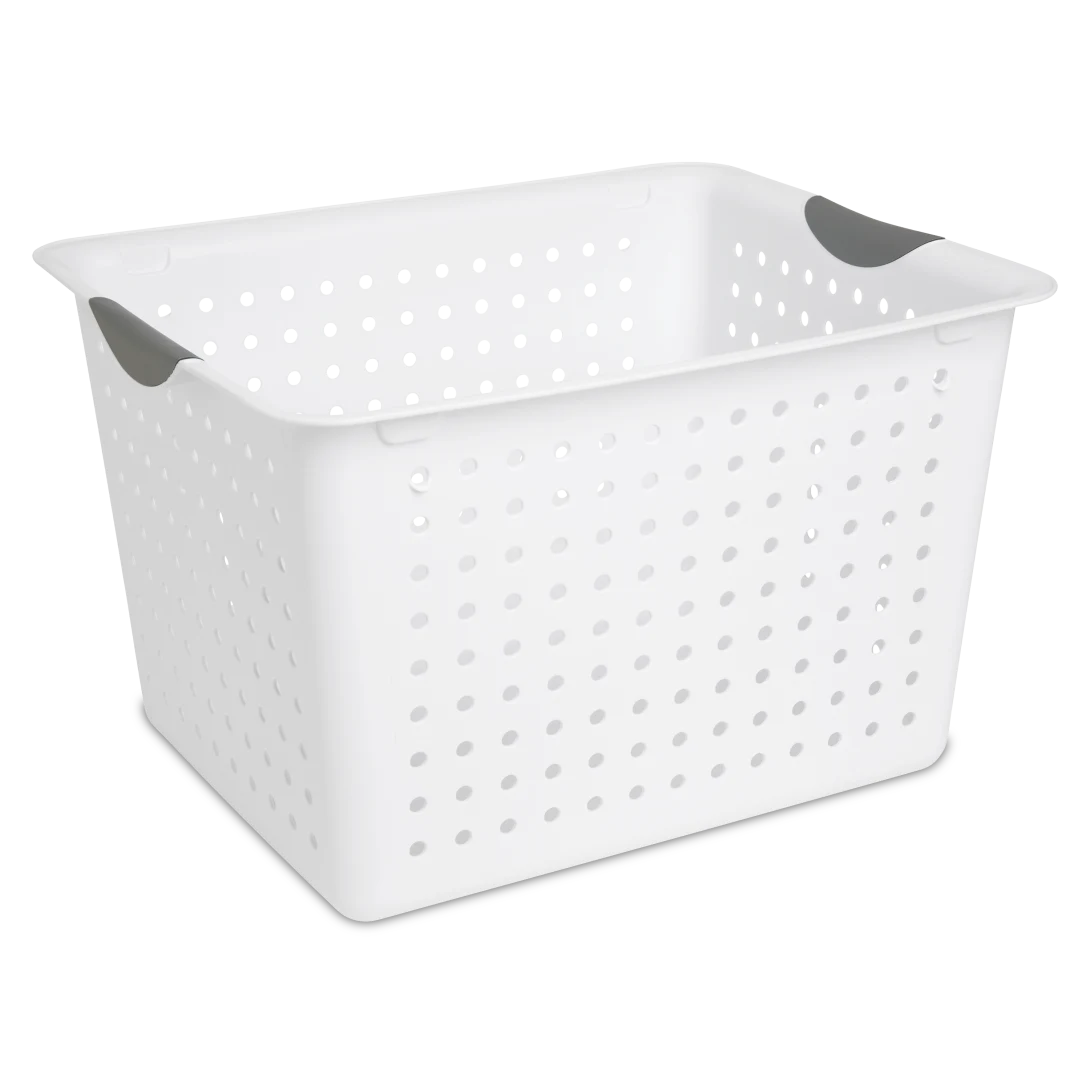 Sterilite 1628 deep white ultra plastic storage basket featuring titanium contoured handle inserts and deep ventilated side walls