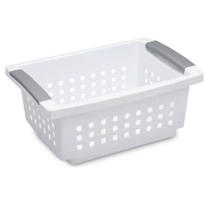 Sterilite 1660 small white plastic stacking basket featuring titanium accent handles and an open front access design