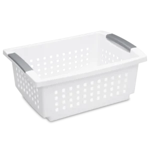 Sterilite 1662 medium white plastic stacking basket featuring titanium accent handles and an open front access design