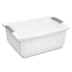 Sterilite 1664 large white plastic stacking basket featuring titanium accent handles and an open front access design