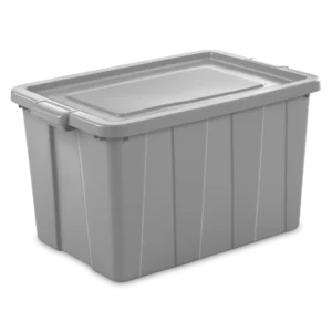 Sterilite 1679 30 gallon Tuff1 storage tote in cement gray heavy duty plastic with matching snap-on lid