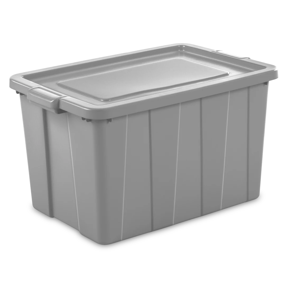 Sterilite 1679 30 gallon Tuff1 storage tote in cement gray heavy duty plastic with matching snap-on lid
