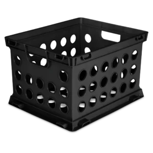 Sterilite 1693 black plastic heavy duty file crate featuring integrated hanging folder rails and grid pattern design