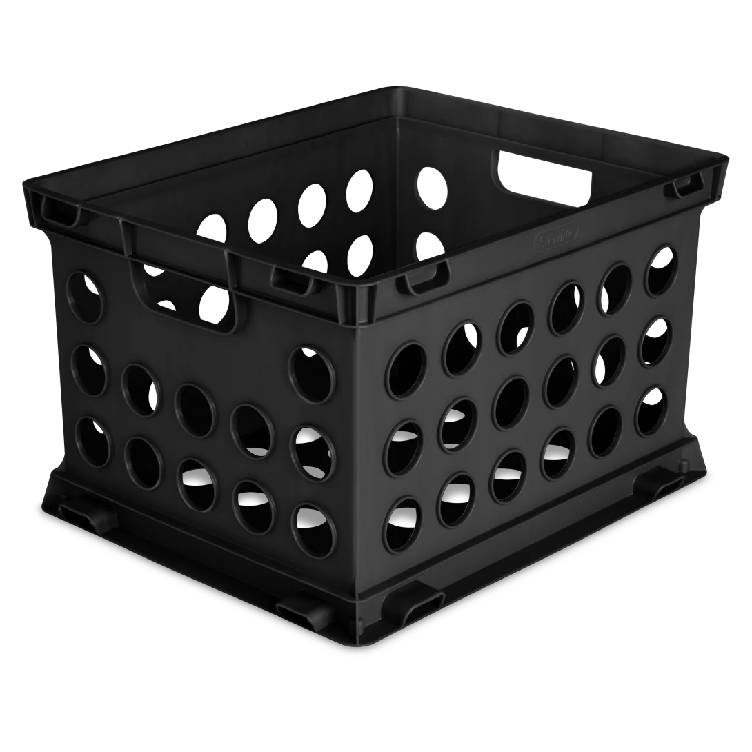 Sterilite 1693 black plastic heavy duty file crate featuring integrated hanging folder rails and grid pattern design