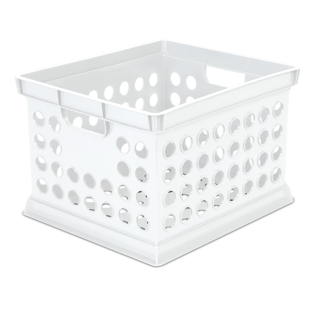 Sterilite 1694 stackable plastic storage crate in white featuring circular grid pattern walls and integrated handle cutouts