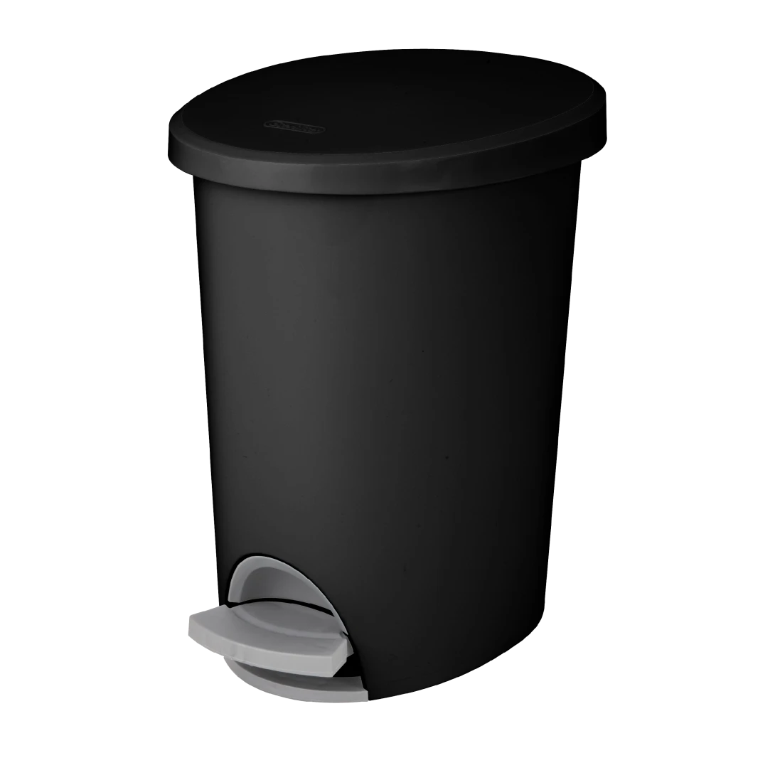 Sterilite 1081 2.6 gallon black ultra stepon plastic bathroom wastebasket trash can showing titanium foot pedal and removable inner liner