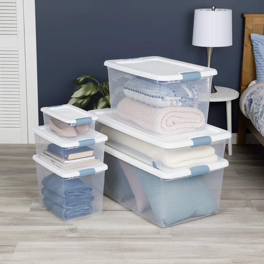 Sterilite 1495 25 Qt Latching Box β Clear Base with White Lid & Washed Blue Latches - Image 10