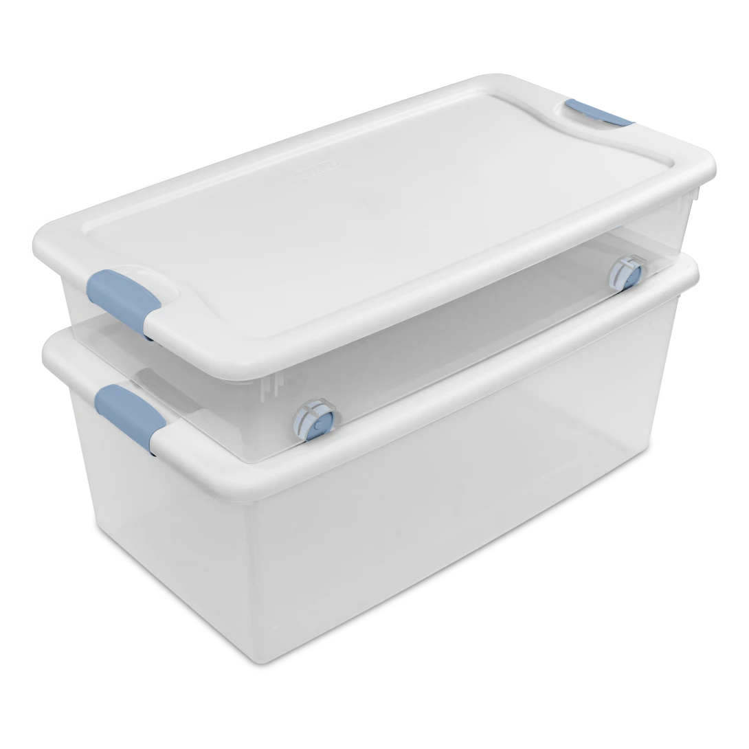 Sterilite 1498 56 Qt Wheeled Latching Box – Clear Base with White Lid, Washed Blue Latches & Wheels - Image 10