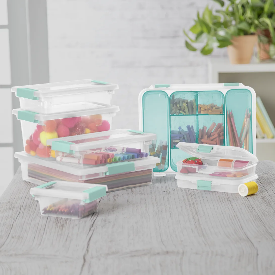 Sterilite 1961 Small Clip Box – Clear Plastic Storage Organizer Bin with Aqua Chrome Latches - Image 10