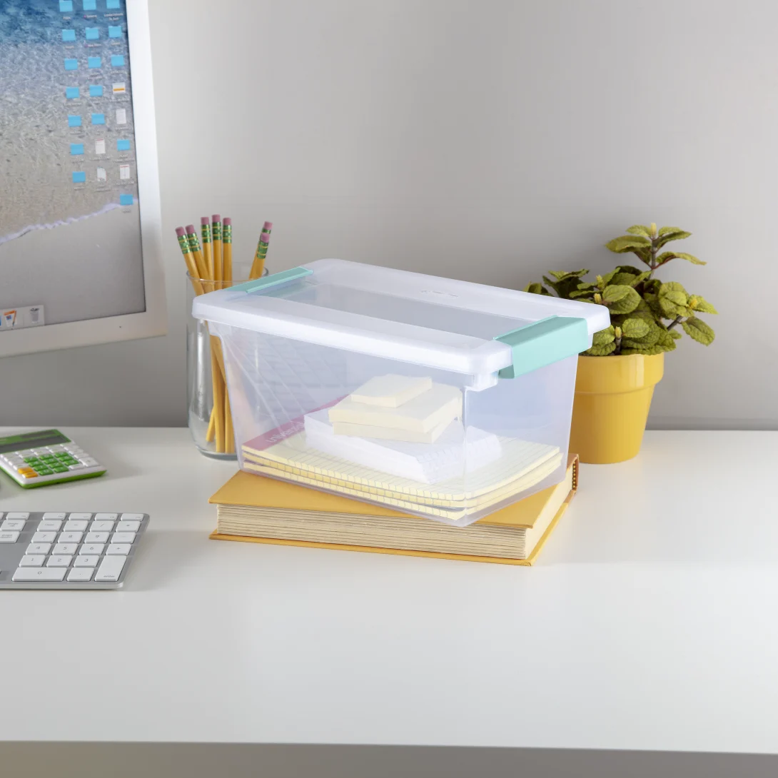 Sterilite 1962 Medium Clip Box β Clear Plastic Storage Organizer Bin with Aqua Chrome Latches - Image 10