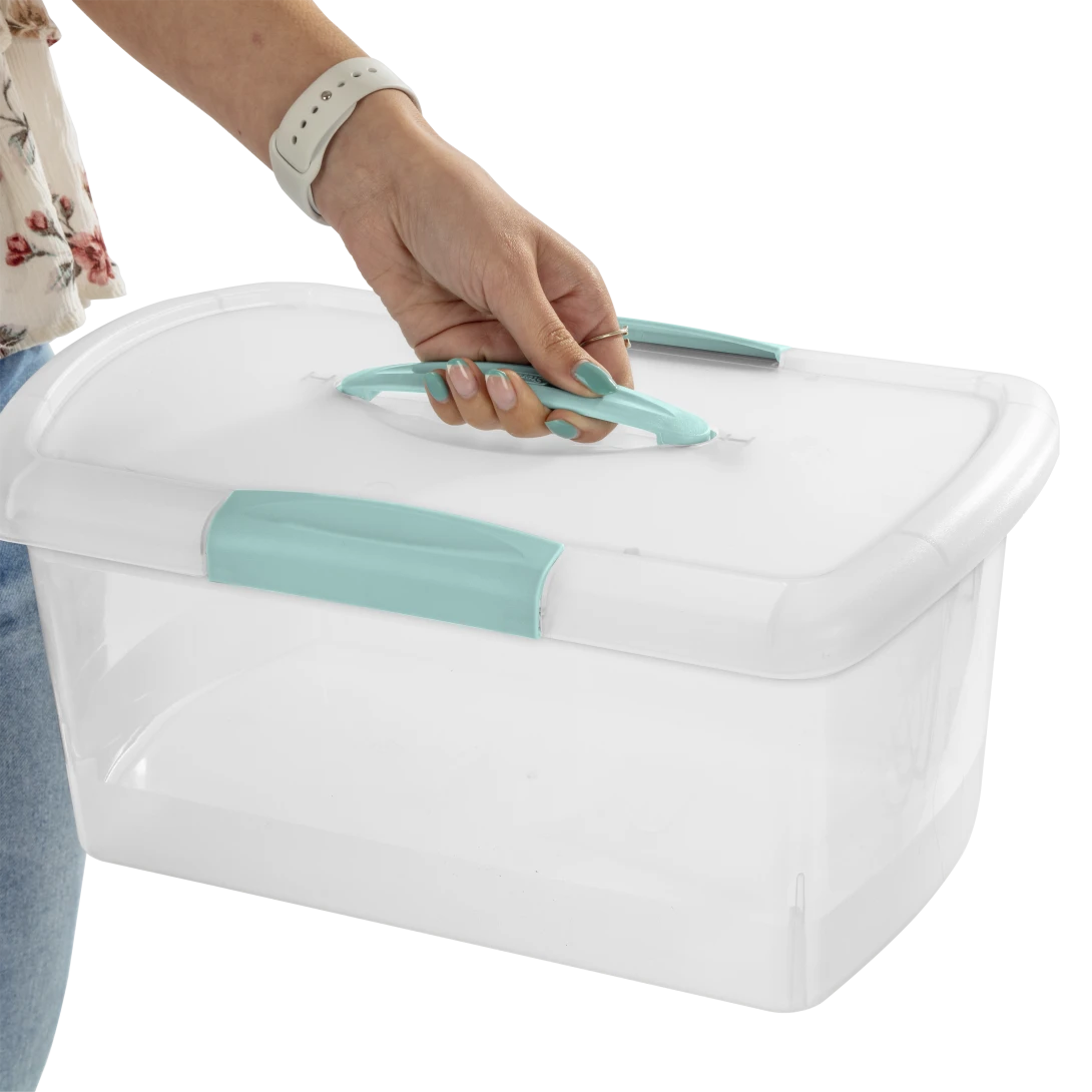 Sterilite 1874 Medium Nesting ShowOffs Portable Storage Bin – Clear Plastic Container with Aqua Chrome Handle & Latches - Image 11