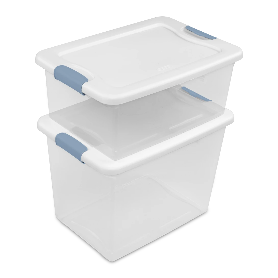 Sterilite 1495 25 Qt Latching Box β Clear Base with White Lid & Washed Blue Latches - Image 12