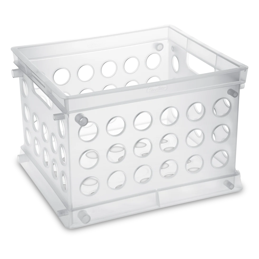 Sterilite 1695 mini plastic storage crate in clear plastic showcasing contents and ventilated side walls