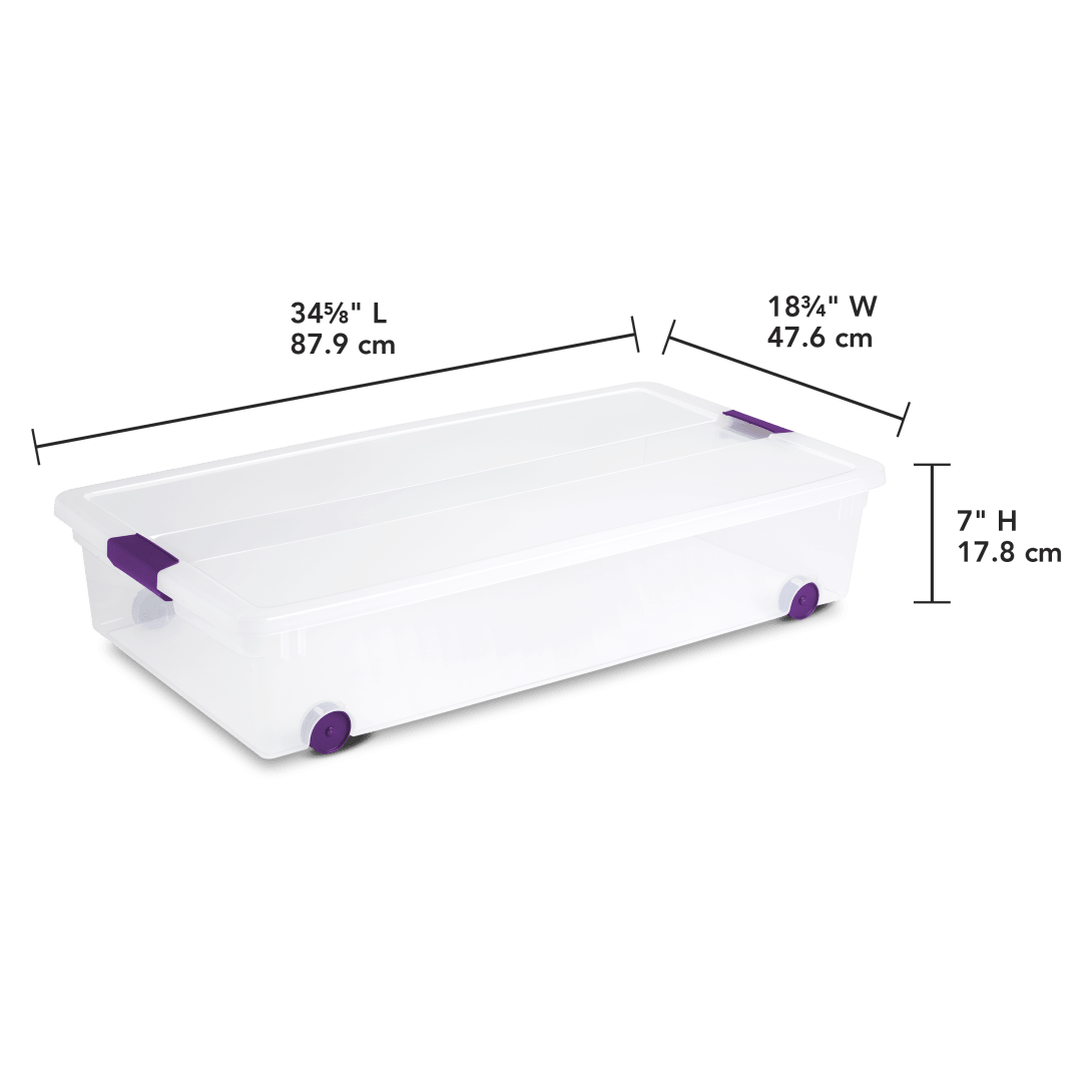 Sterilite 1761 60 Quart ClearView Latch Wheeled Underbed Box – Clear Storage Bin with Sweet Plum Latches - Image 2