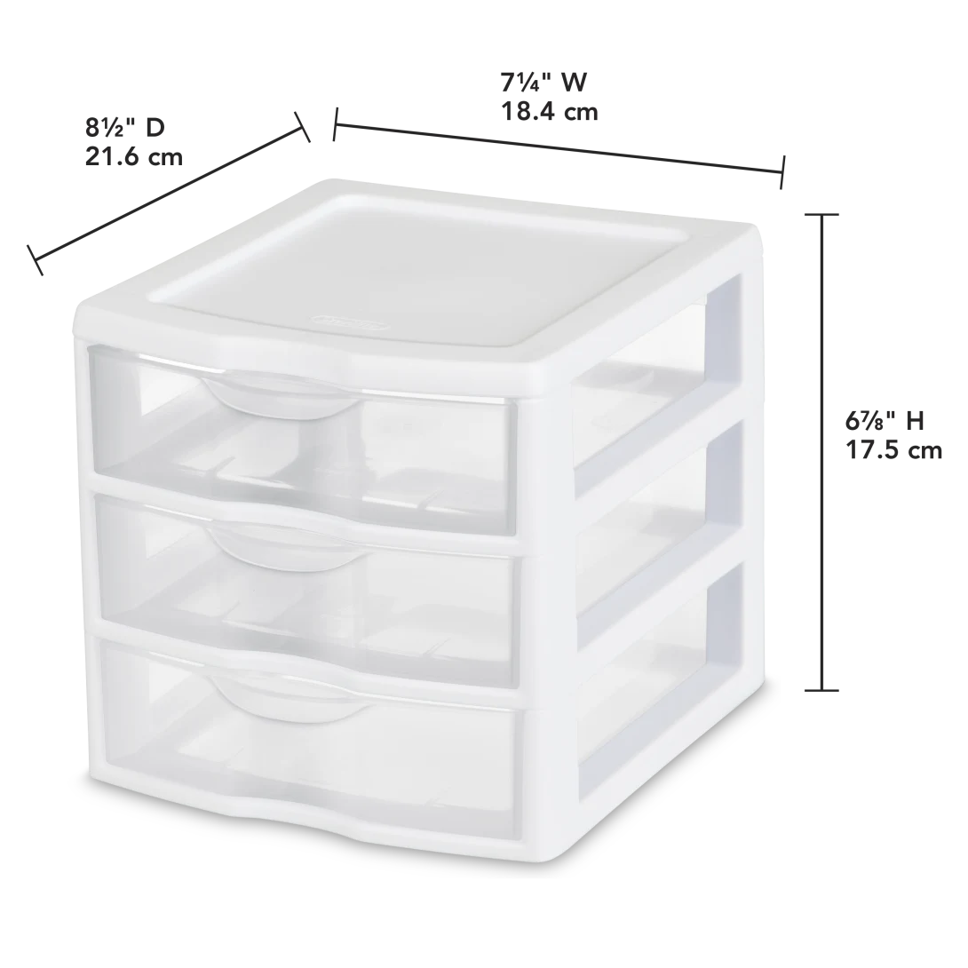 Sterilite 2073 Small 3 Drawer Unit – Clear Plastic Desktop Storage Organizer with White Frame - Image 2