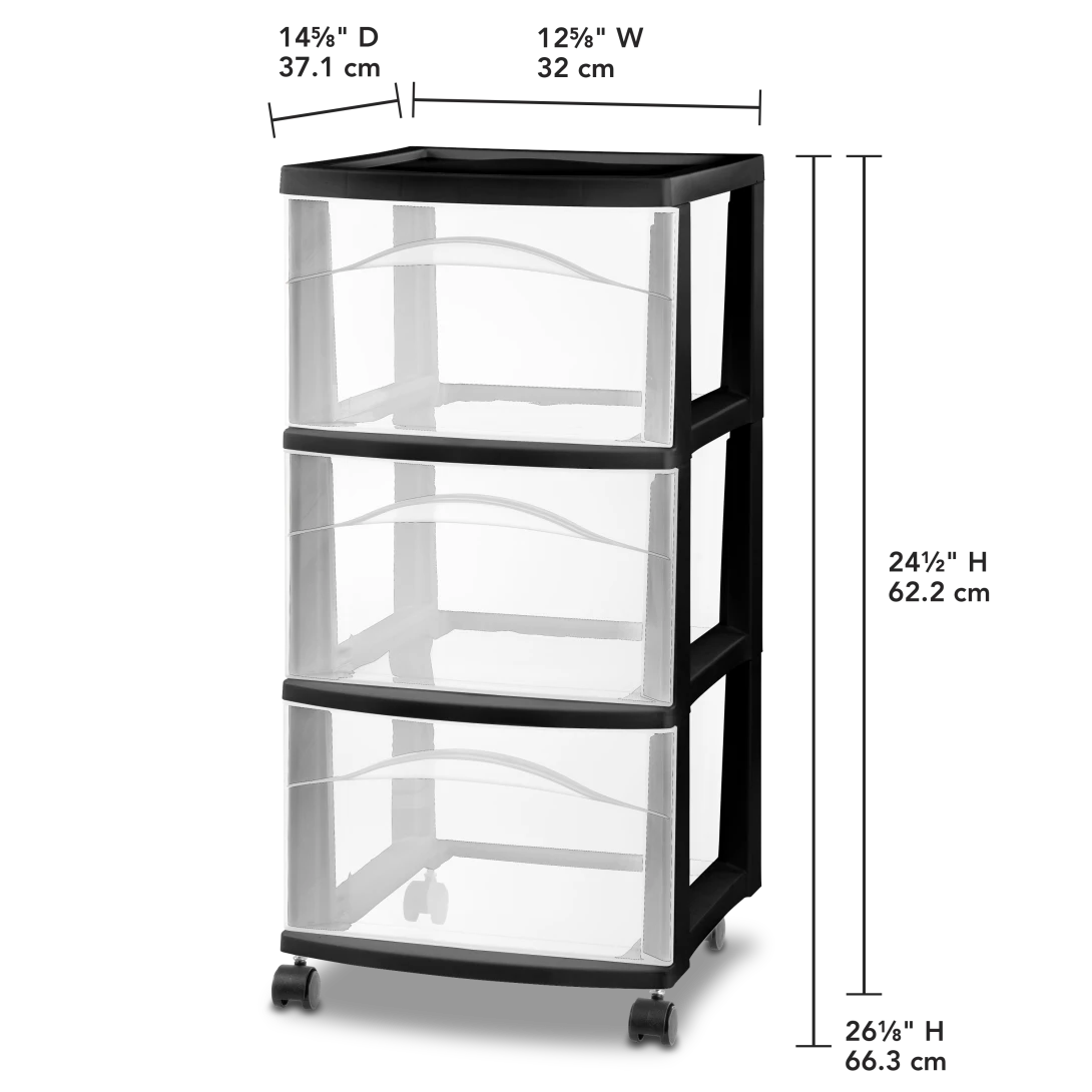 Sterilite 2830 3 Drawer Cart – Mobile Clear Plastic Storage Organizer with Black Casters - Image 2