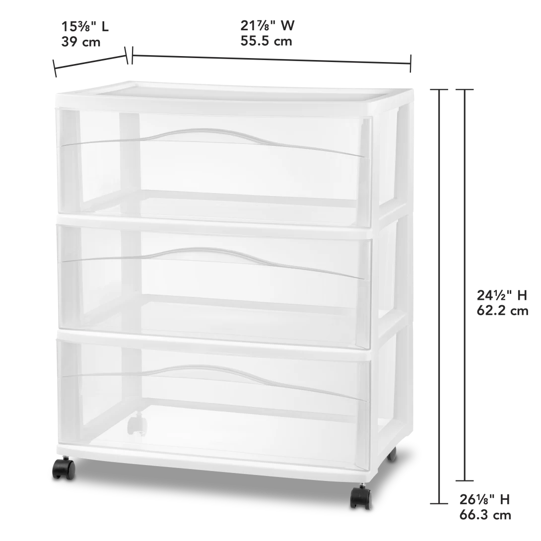 Sterilite 2930 Wide 3 Drawer Cart – Extra Wide Mobile Plastic Storage Organizer with Black Casters - Image 2