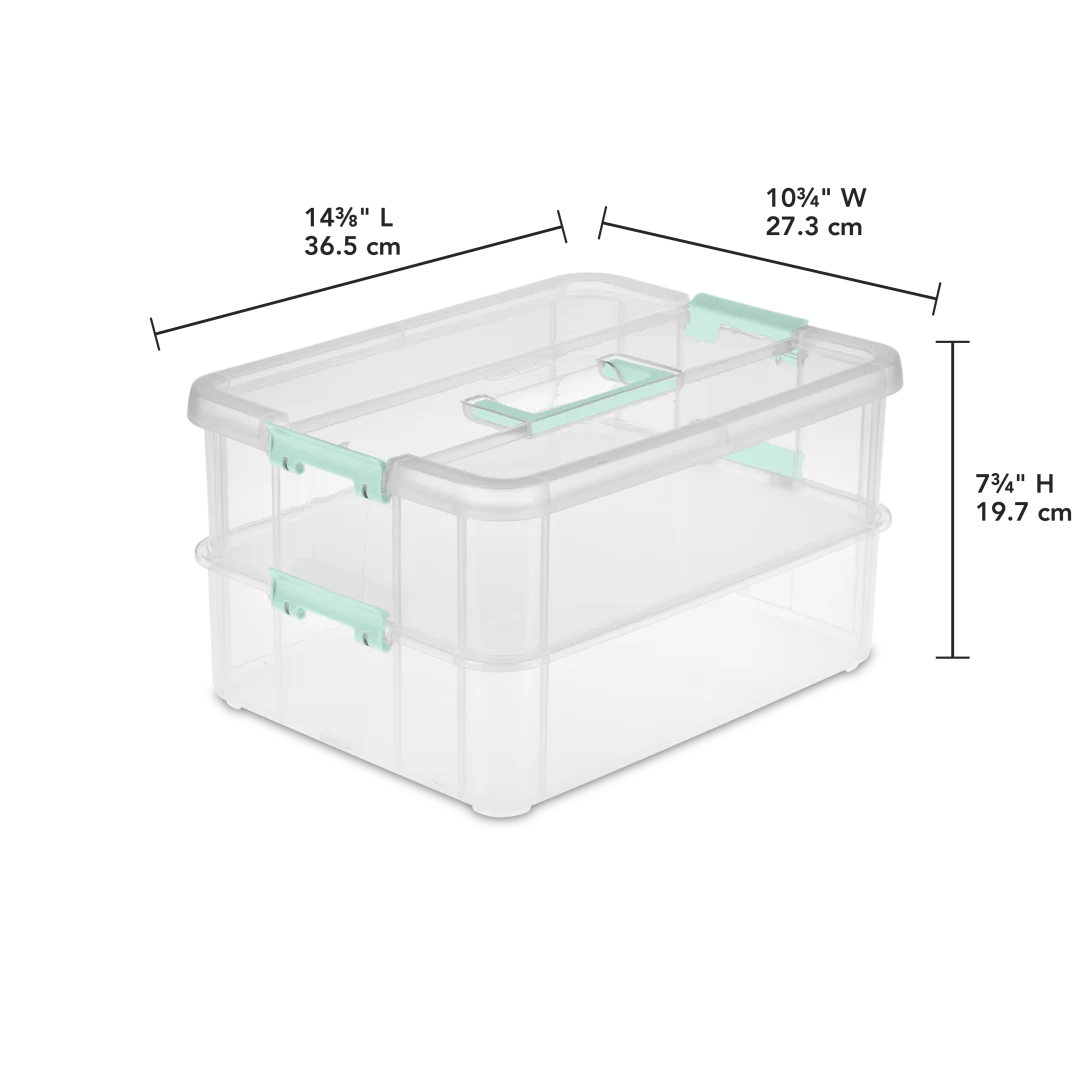 Sterilite 1422 Stack & Carry 2 Layer Handle Box – Clear with Aqua Chrome Handle & Latches - Image 2