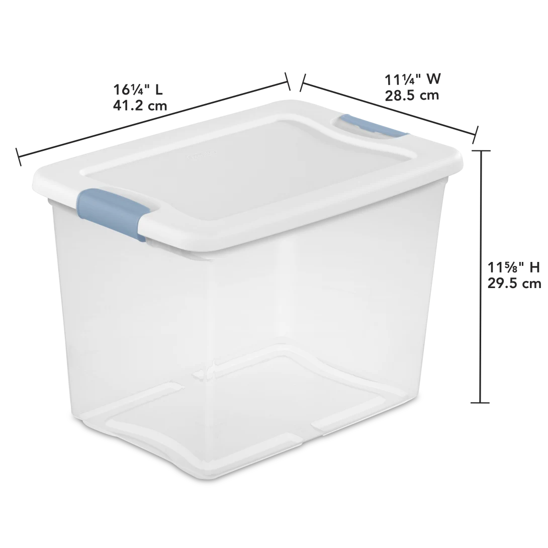 Sterilite 1495 25 Qt Latching Box β Clear Base with White Lid & Washed Blue Latches - Image 2