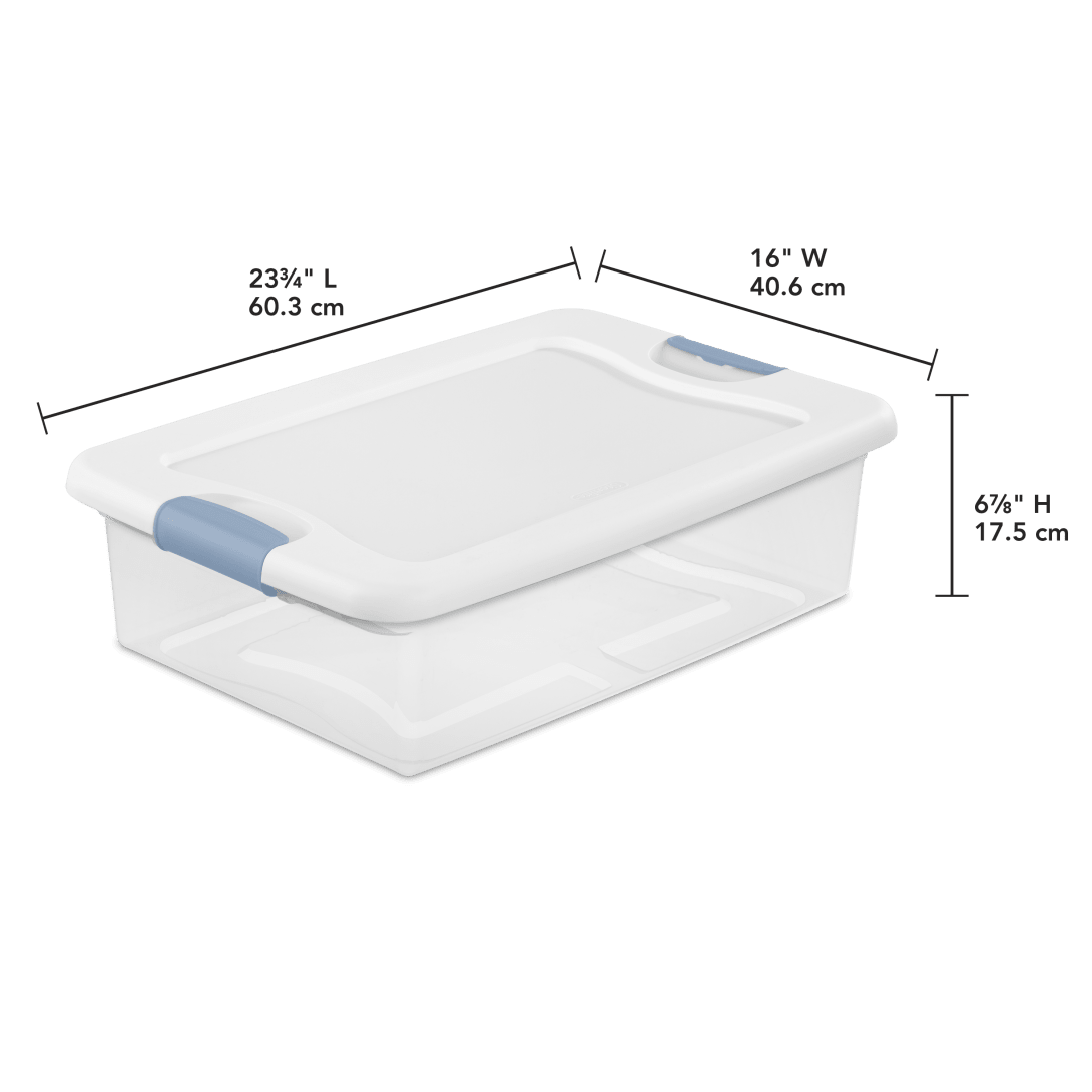 Sterilite 1496 32 Qt Latching Box – Clear Base with White Lid & Washed Blue Latches - Image 2