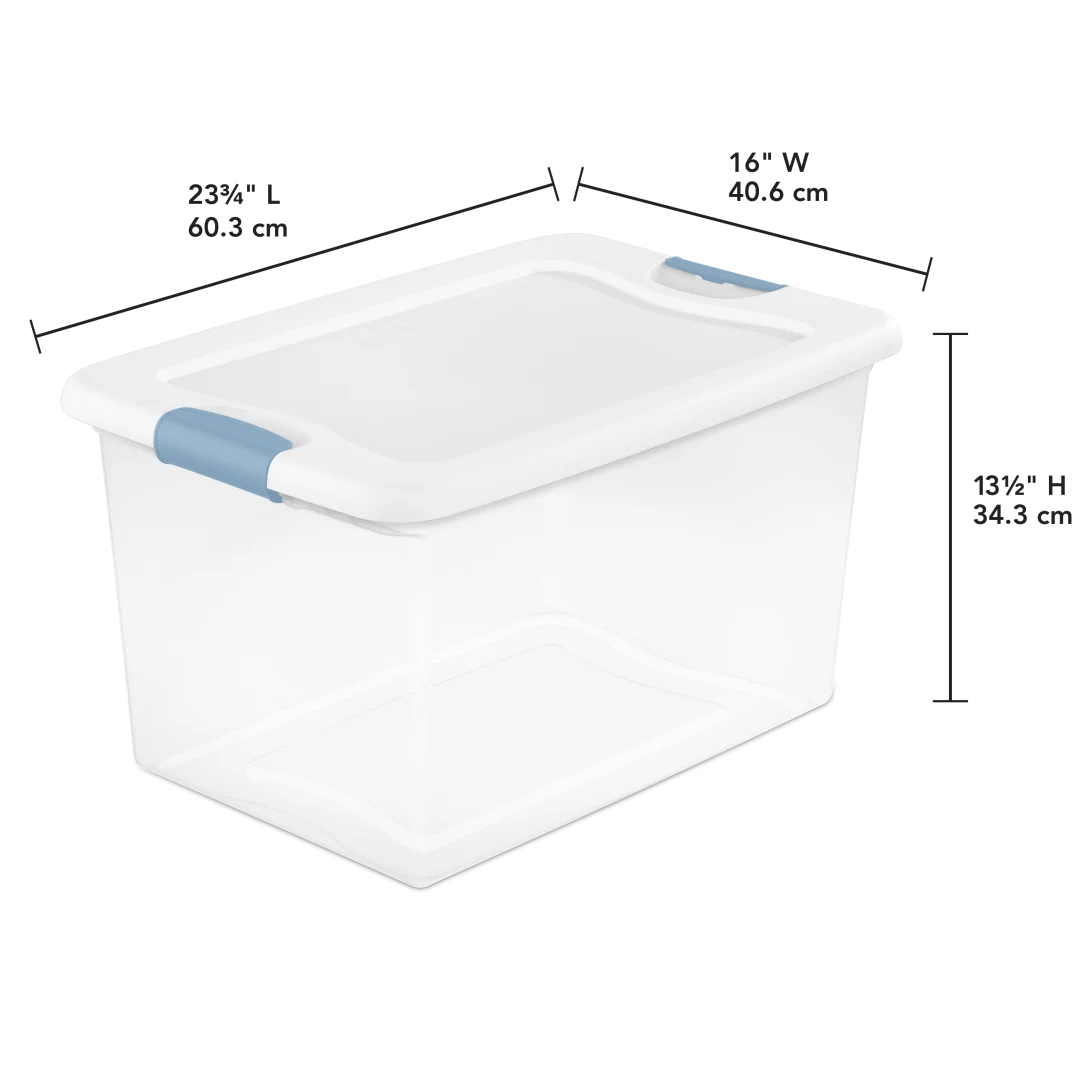 Sterilite 1497 64 Qt Latching Box β Clear Base with White Lid & Washed Blue Latches - Image 2