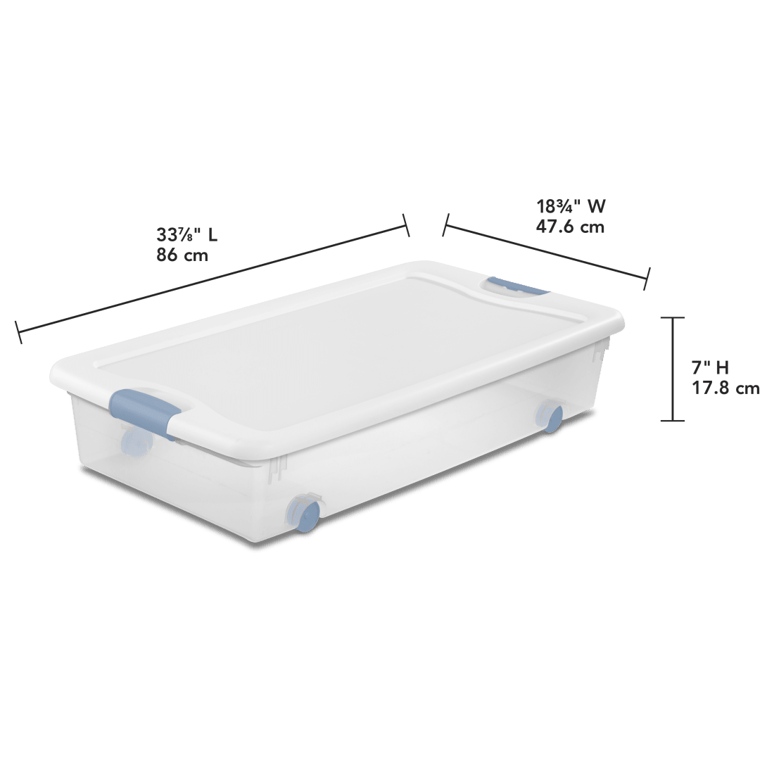 Sterilite 1498 56 Qt Wheeled Latching Box – Clear Base with White Lid, Washed Blue Latches & Wheels - Image 2