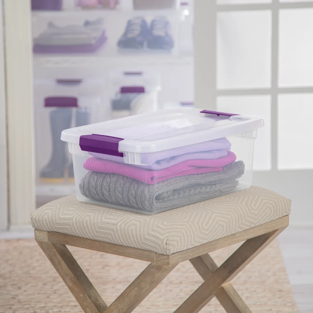 Sterilite 1753 15 Quart ClearView Latch Box – Clear Plastic Storage Bin with Sweet Plum Latches - Image 3