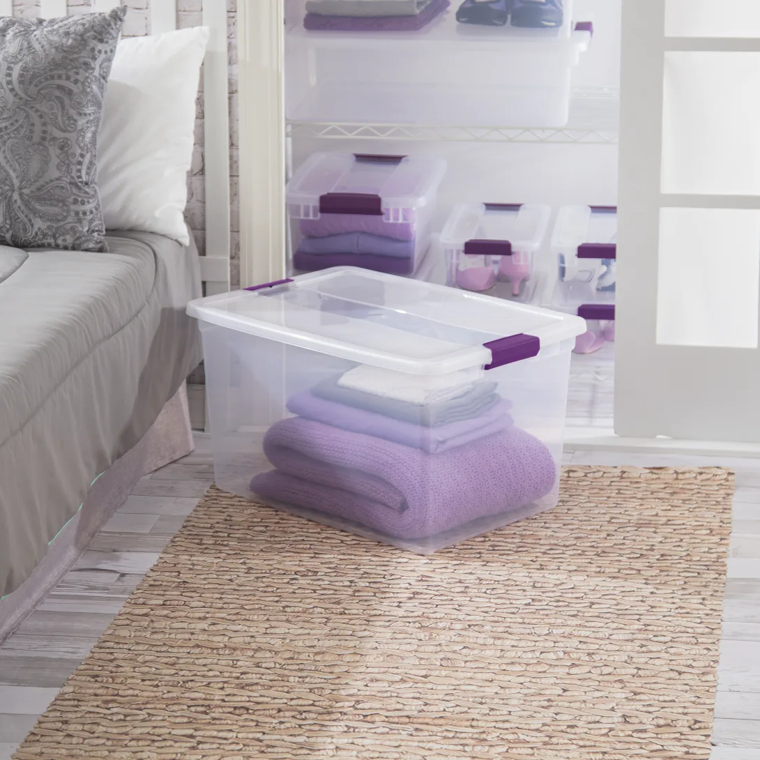 Sterilite 1757 66 Quart ClearView Latch Box – Clear Plastic Storage Bin with Sweet Plum Latches - Image 3